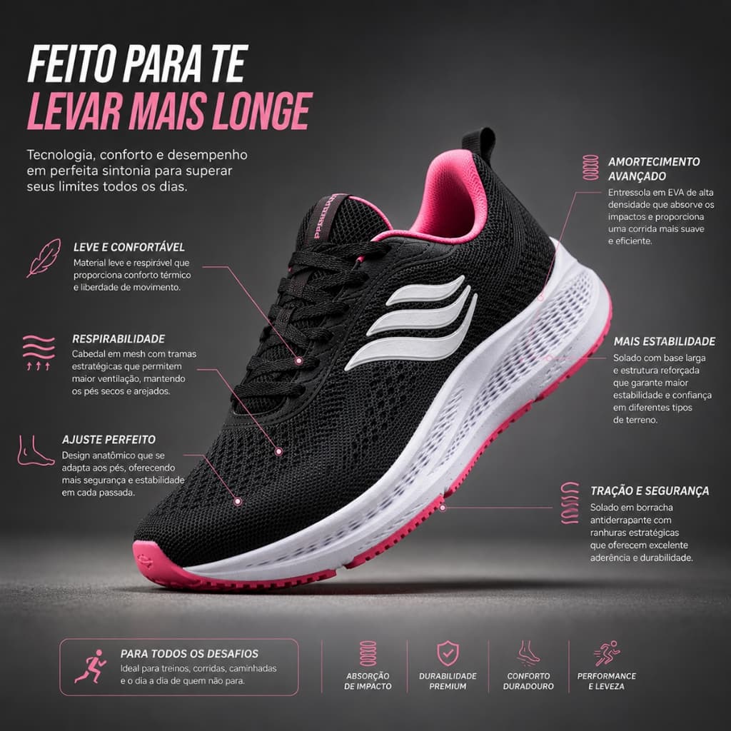 Tênis de Corrida Feminino Olym Leve Academia Macio Original Confortável Promo Preto Pink