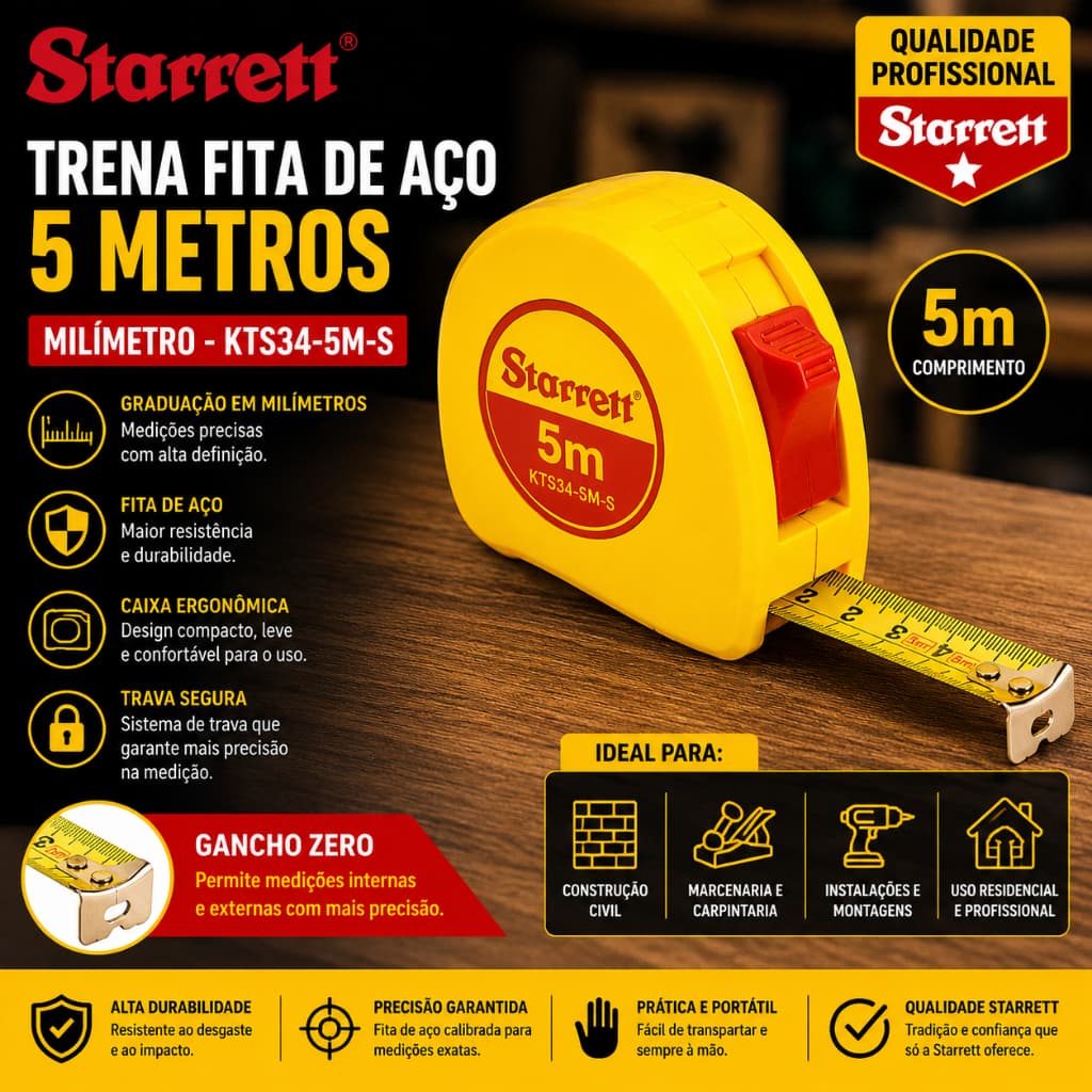 Trena Fita De Aço 5 Metros Milímetro - Kts34-5m-s Starrett