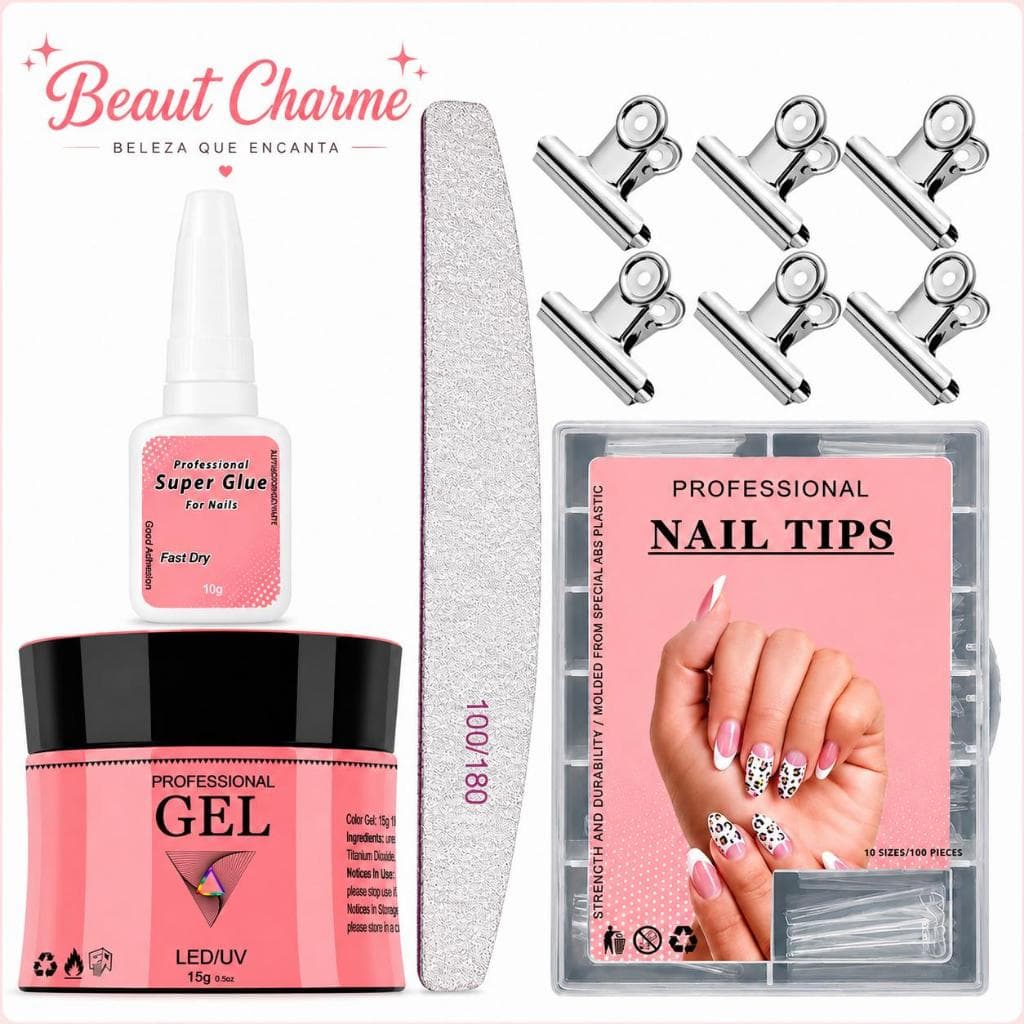Kit Manicure Alongamento De Unha Com 100 Tips Postiça Curva C + Cola Pincel + 1x lixa 100 180 + Gel Led UV Pedicure