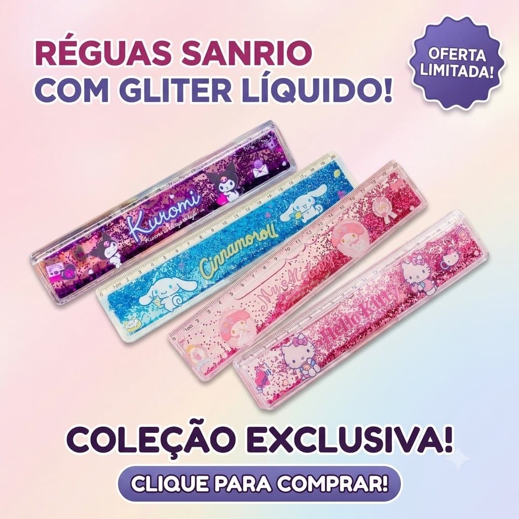Regua Escolar Hello Kitty Kuromi Plastico Com Glitter Liquido 20cm Infantil Fofa Material Papelaria