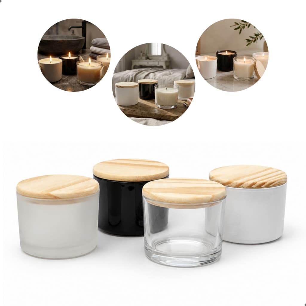 Kit 10 Potes de Vidro 150ml para Vela Aromática com Tampa de Madeira Premium