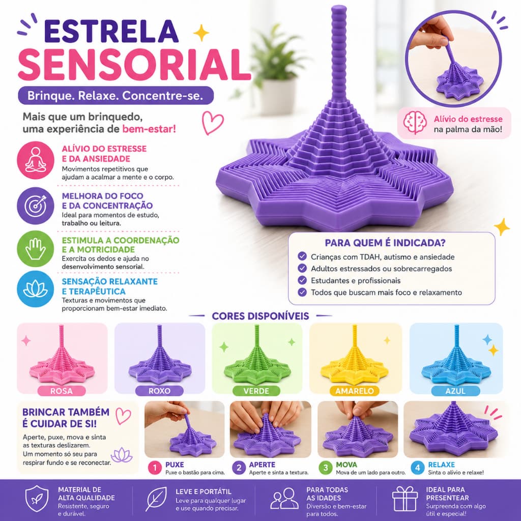 Estrela Sensorial Antiestresse | Fidget Relaxante | Cores Variadas | Ideal para Ansiedade, Foco e TDAH