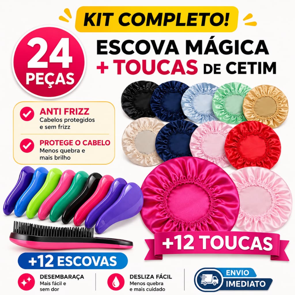 KIT COM 12 Escovas Mágica + 12 Toucas Anti Frizz, Escolha sua Cor Preferida