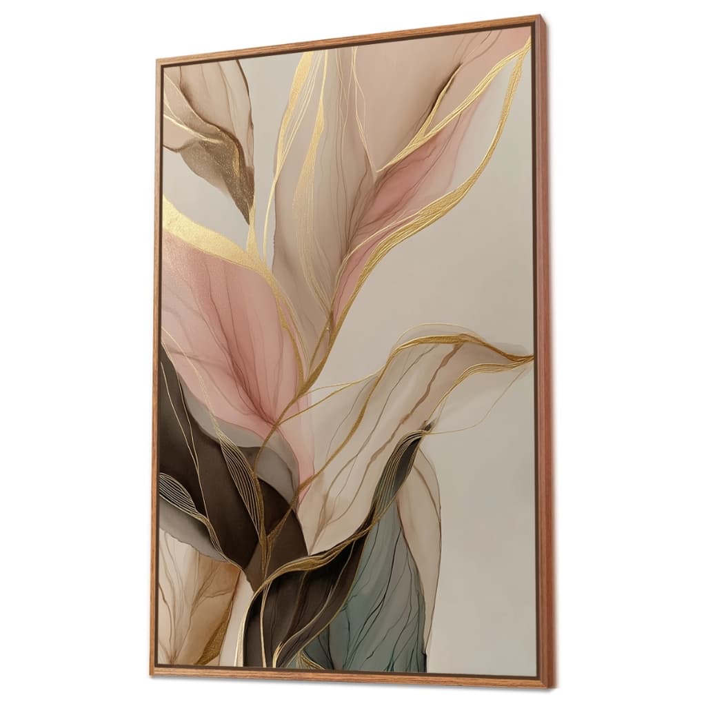 Quadro Decorativo Minimalista Natureza Folhas Vida Tons de Dourado com Moldura Sala Escritório Cozinha 90cm