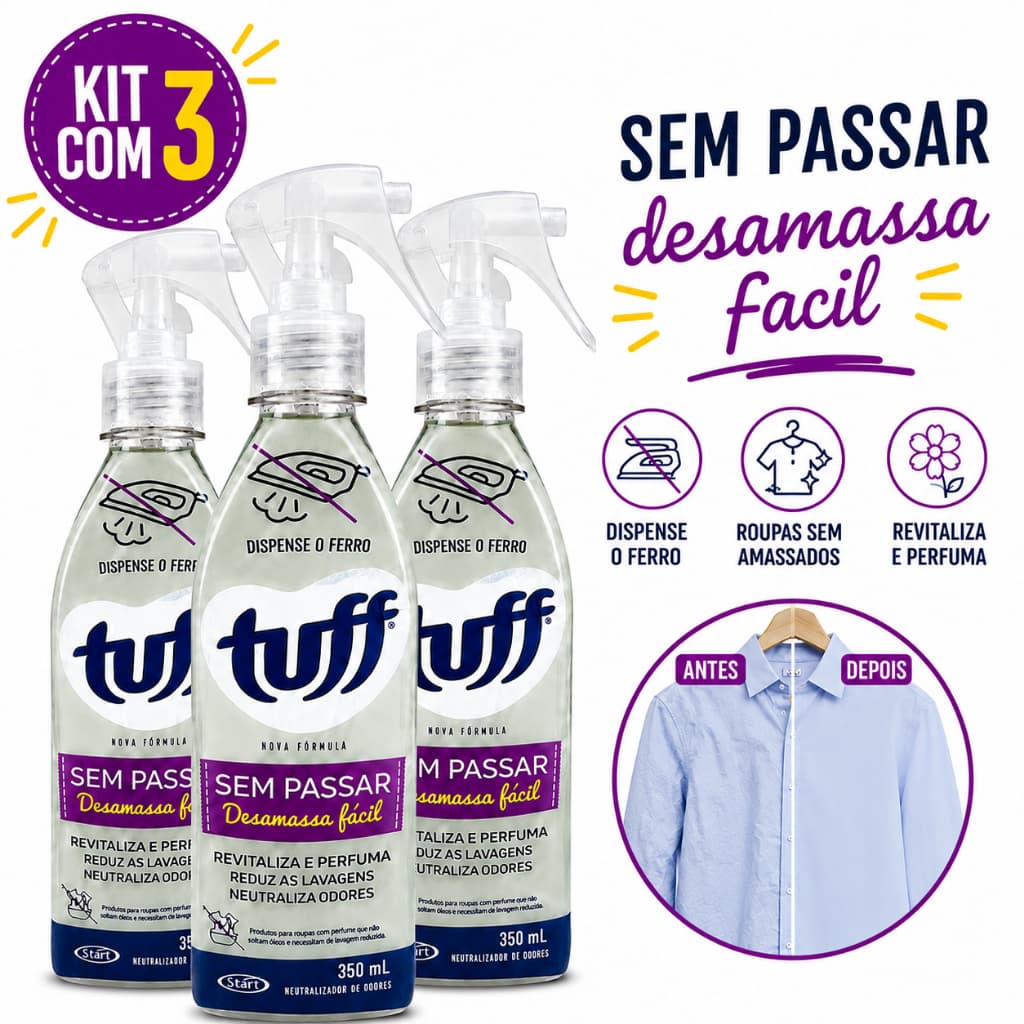 Kit Com 3 Spray Desamassa Fácil Tuff 350ml Sem Ferro Para Roupas Neutraliza Odores Perfuma