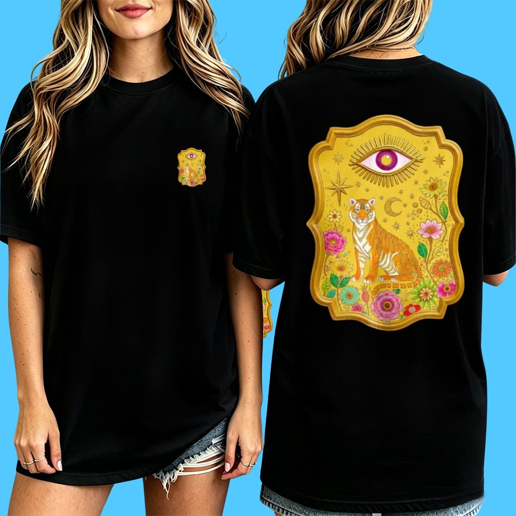 Camiseta Feminina Oversized 100% Algodão Estampa Tigre Místico Flores Boêmia Vintage Olho