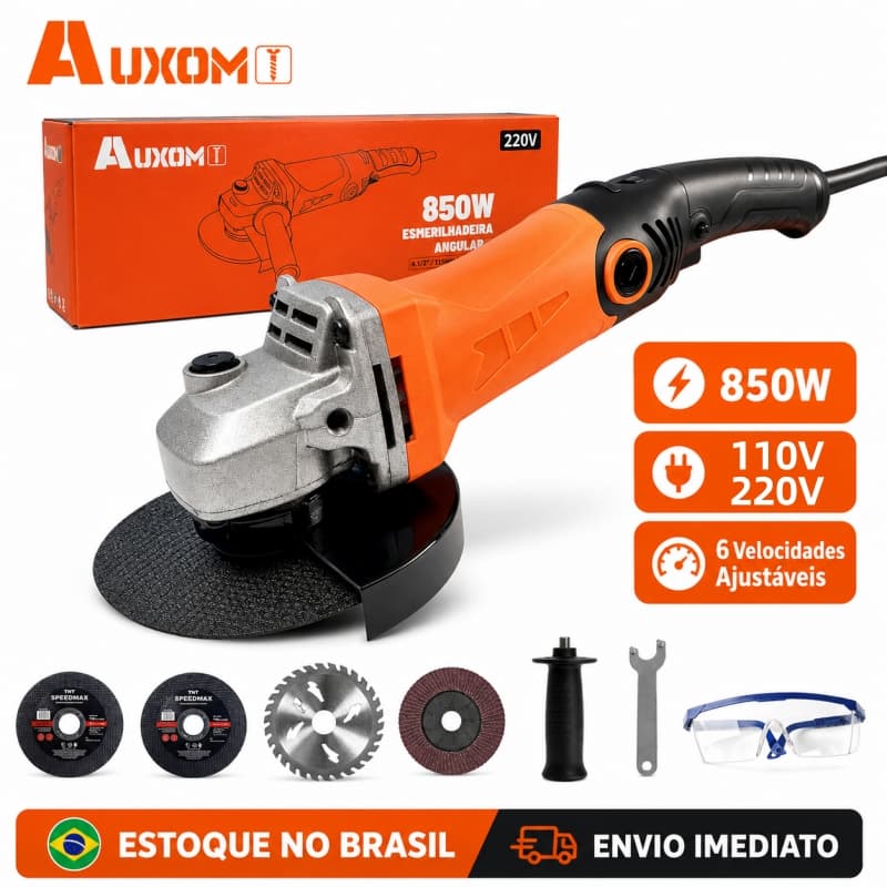 AUXOM Esmerilhadeira Angular 850W 220V 115mm 6 Velocidades Com Acessórios Para Corte Desbaste
