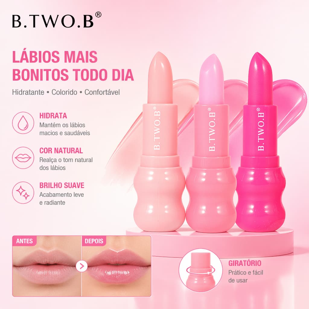 B.TWO.B Bálsamo Labial Colorido Giratório, Hidratante com Brilho Natural 3 Tons para Lábios Saudáveis