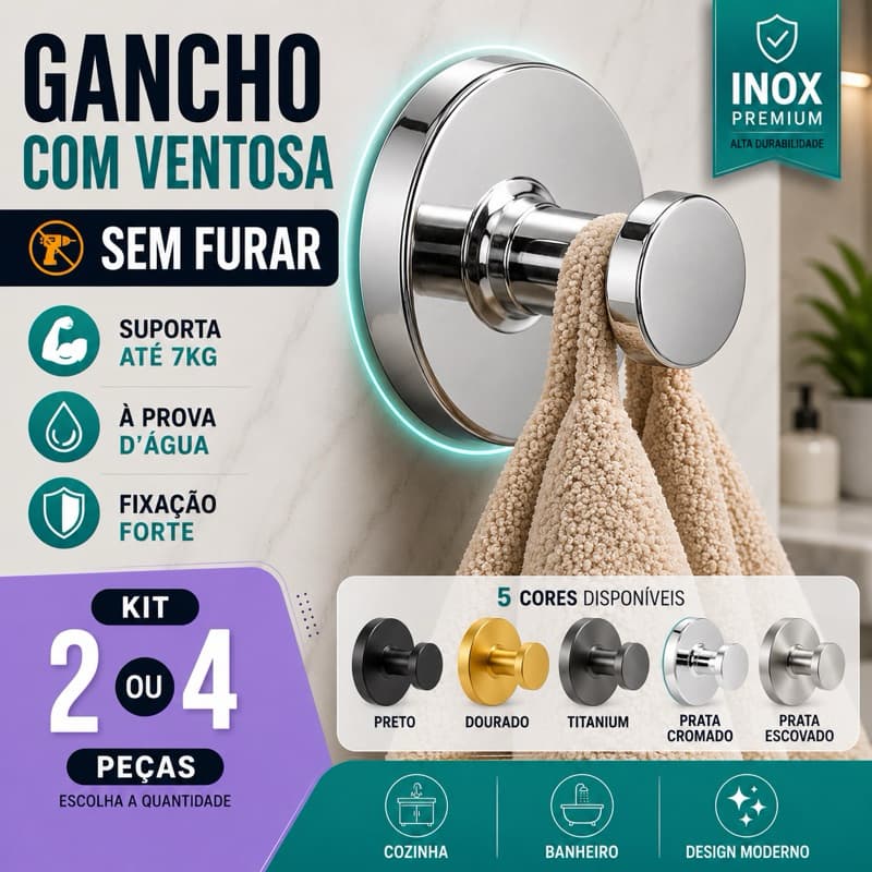 Kit Gancho Adesivo de Ventosa Inox Sem Furo 2 ou 4 Peças Alta Fixação