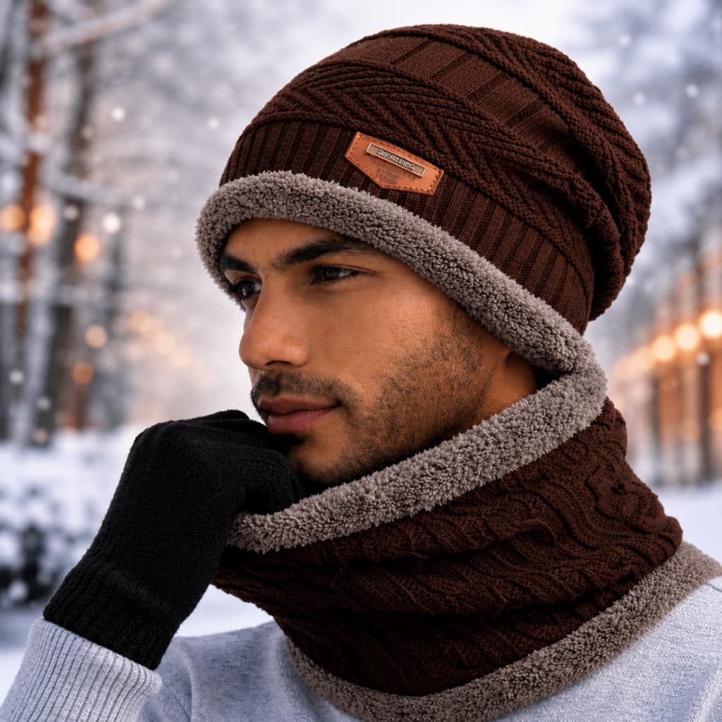 Touca Forrada e Gola Cachecol Pelúcia Térmica com Luva Kit Inverno Frio Juvenil Adulto Unissex