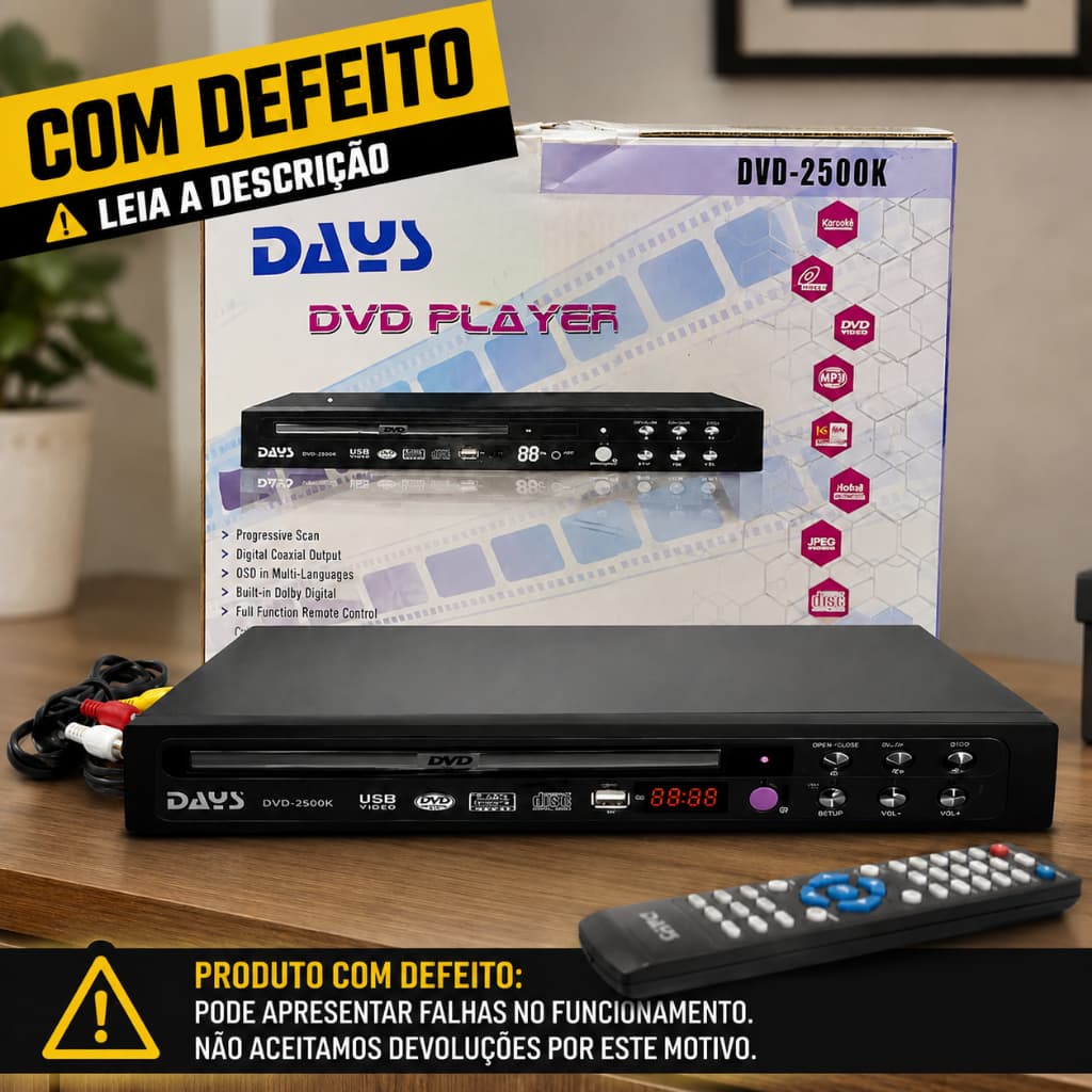 DVD Player DAYS DVD-2500K  Karaoke Bivolt – Produto Com Defeito (Leia a Descrição)