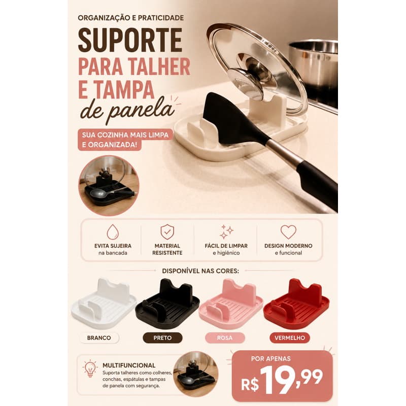 Suporte Descanso para Colher, Espátula e Tampa de Panela Organizador de Bancada Cozinha Multifuncional