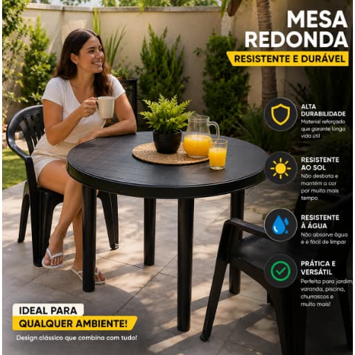 Mesa Redonda Desmontável Preta Plástica Resistente- Arqplast