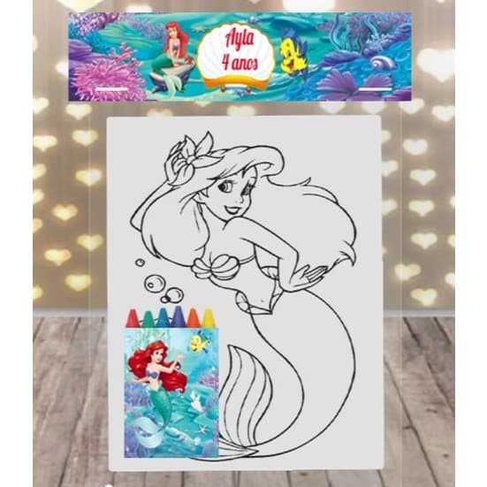 KIT COLORIR COM GIZ DE CERA DA SEREIA ARIEL PERSONALIZADO FESTA TODOS OS TEMAS