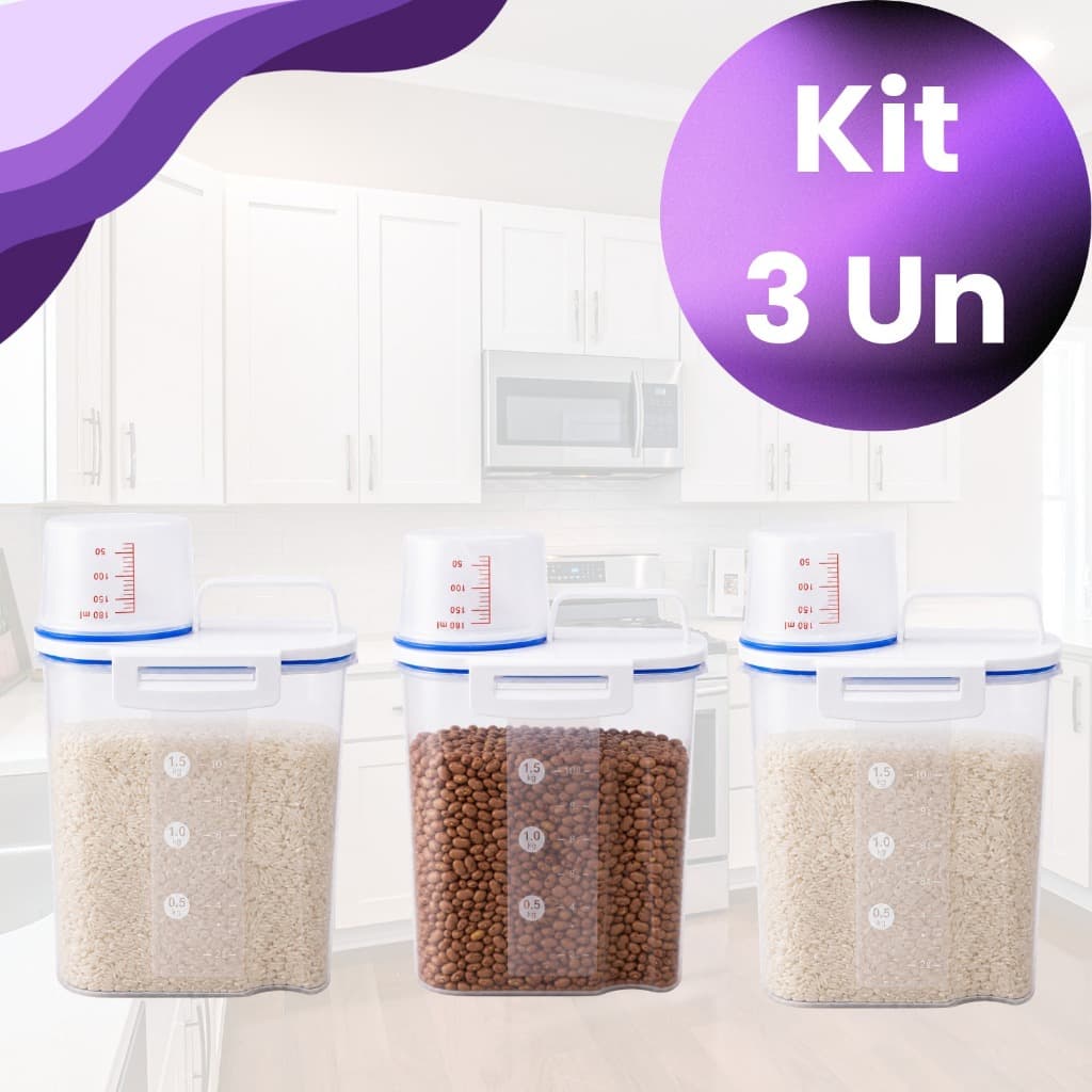 Kit 3 Potes 1,5L Dispenser Herméticos P/ Mantimentos Com Bico Dosador Grãos Cereal Arroz Cozinha Organização Cozinha