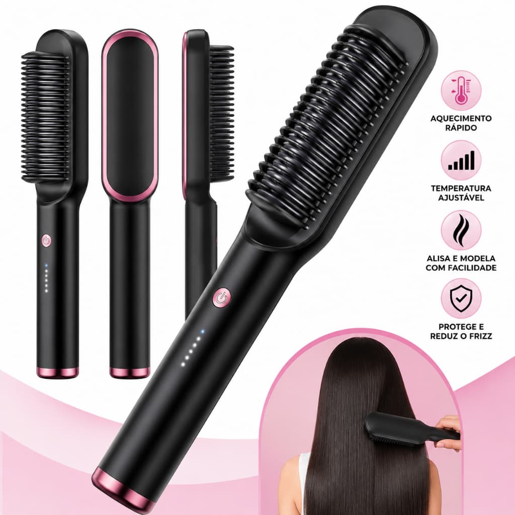 Escova Alisadora Secadora Elétrica 3 Em 1 Anti Frizz Bivolt Hair Com Íons Temperatura Ajustável