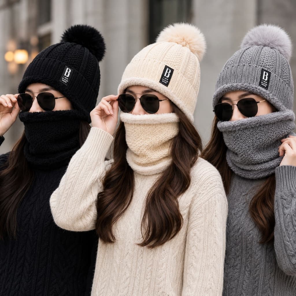 Kit Gorro Pompom com Protetor de Pescoço Tipo Cachecol 2 peças Inverno com Pelinho