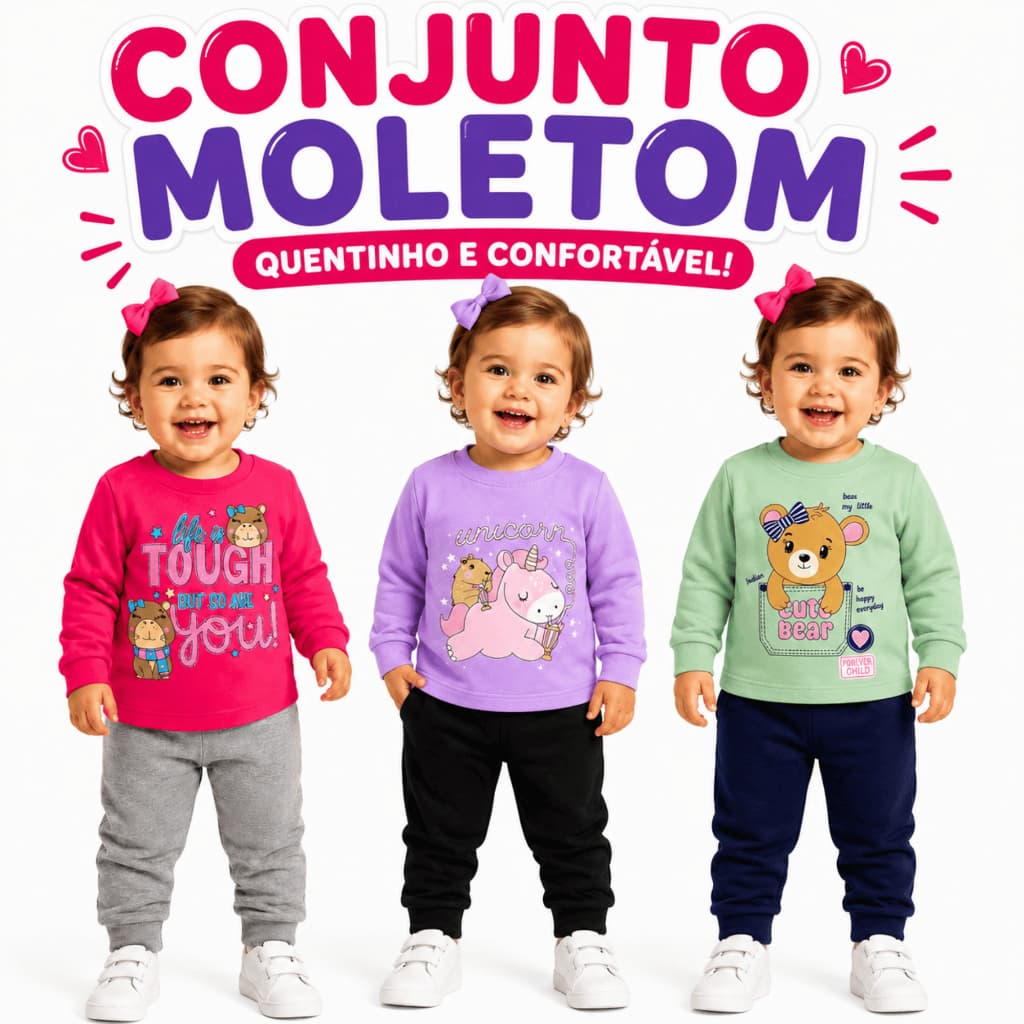 Conjunto Moletom Bebe Infantil Menina 1 ao 8 Quentinho Feminino Inverno Manga Longa Blusa Calça