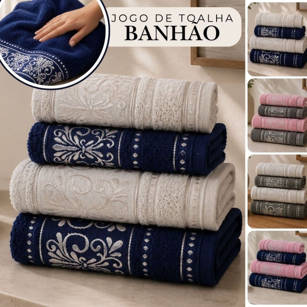 Jogo de Toalha Banhão 100% Algodão 2  Banho 2 Rosto Macia Felpuda Excelente Absorção Luxo Vicenza