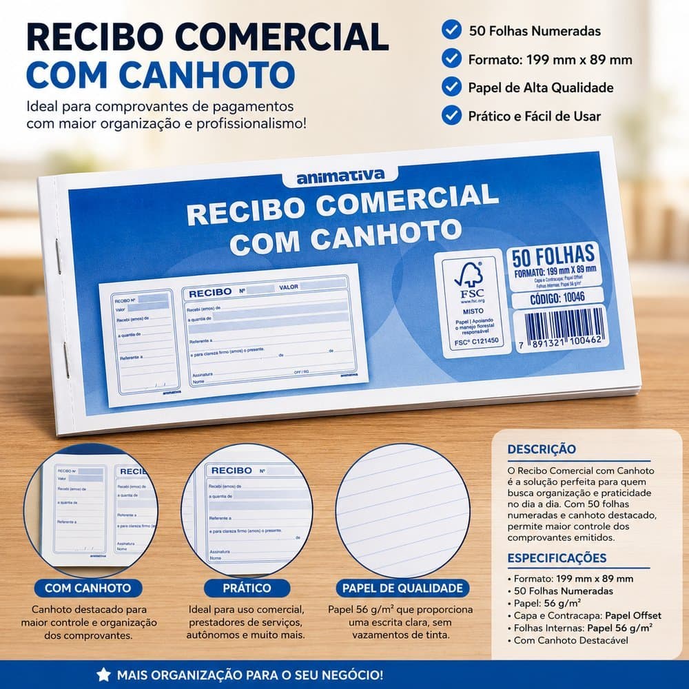 Bloco Comercial Com Canhoto Controle de Recibo 50 Folhas -Azul