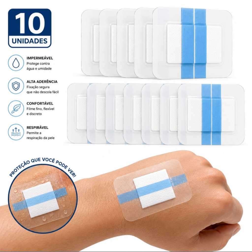 Kit Com 10 Curativo transparente Com Gaze Impermeável Filme - pós operatório  6 cm x 7,2cm