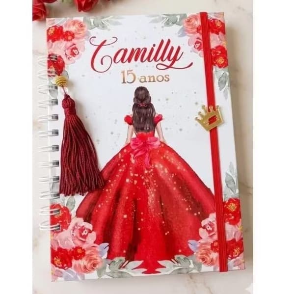 Caderno Luxo Vermelho com caneta diamante - 15 anos - caneta diamante