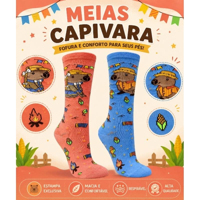 Meias Festa Junina Capivara - cano alto  - Menina e Menino