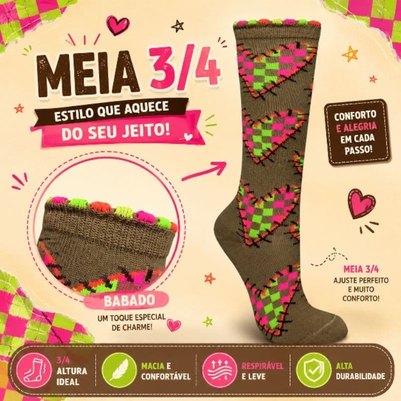 Meias Cano Alto 3/4 coração neon e babado - Tamanho 21 ao 38