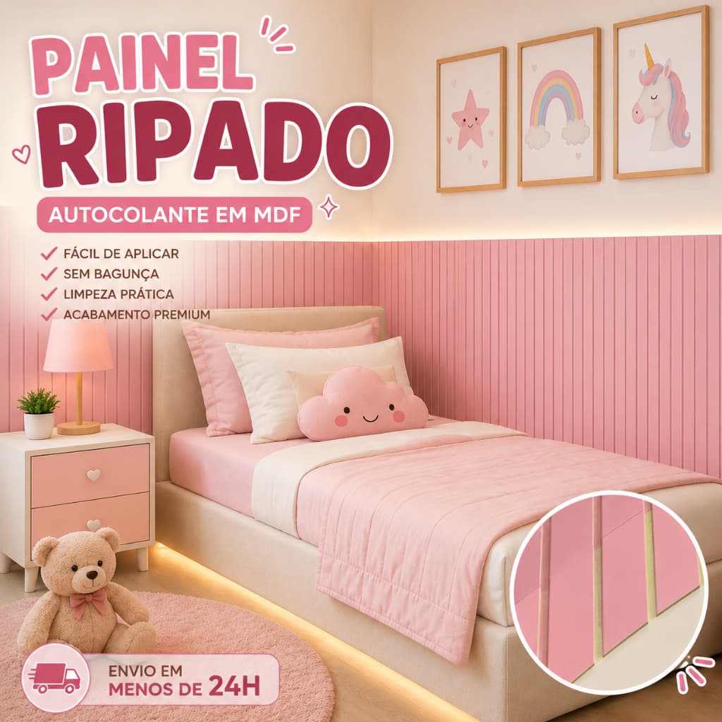 Kit com Até 20 Placas Painel Ripado MDF Autocolante Infantil 45x11cm Quarto Bebê Parede Decorativa