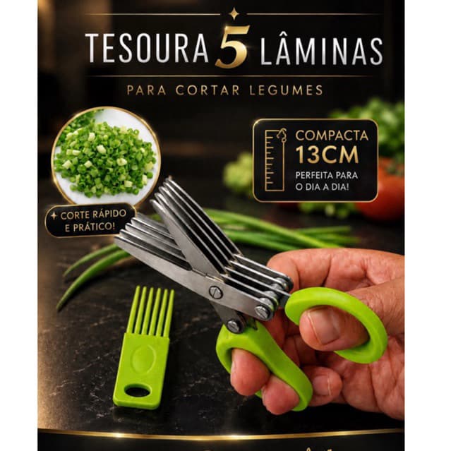 Tesoura Cozinha Para Picar e Cortar Alimentos Temperos Cebolinha Corte Rápido Inox 5 Laminas