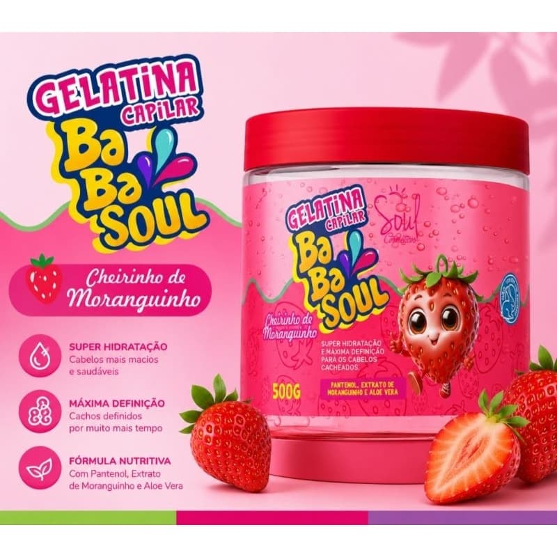 Gelatina Capilar Para Cachos Cheiro de Moranguinho 500g BabaSoul Definição de Cachos Hidratação e Controle do Frizz