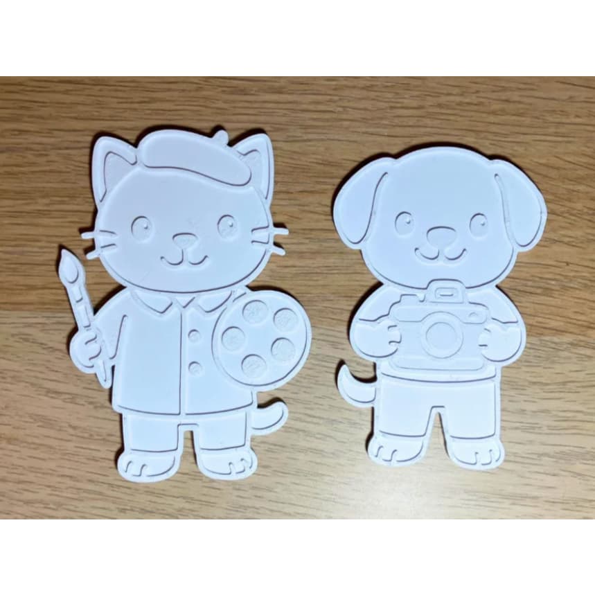 Kit 2 Peças Decorativas Gatinho Artista Cachorrinho Fotógrafo 3D Branco