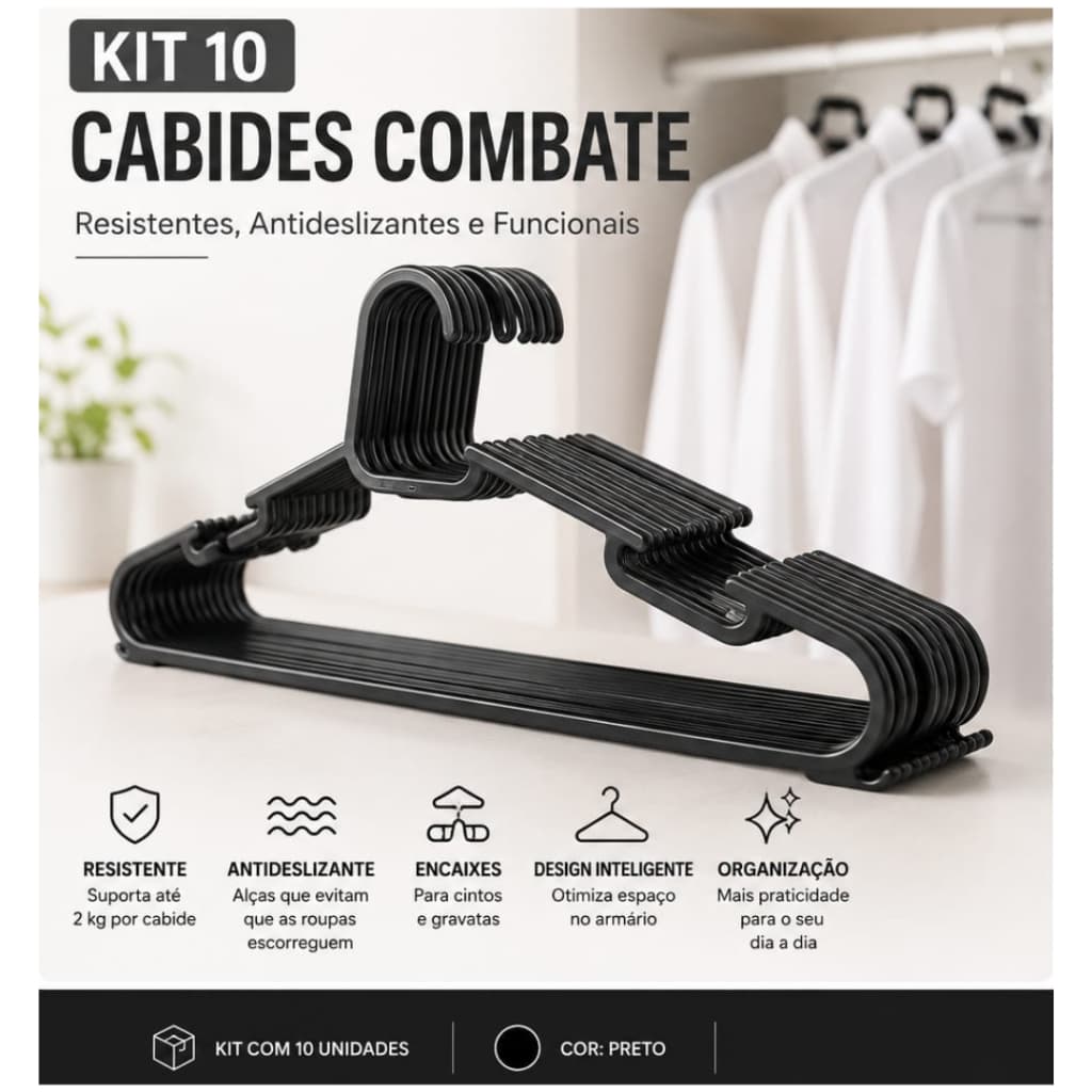 Kit 10 Cabides Combate Reforçados | Resistentes | Antideslizantes | Multiuso