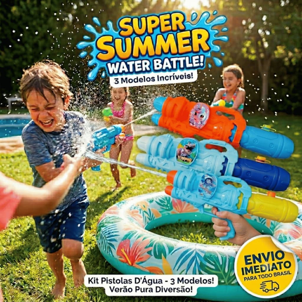 kit 3 Pistolas de Água 34Cm Sortido Arminha Brinquedo Infantil Verão Lança Diversão Promoção Bazuca