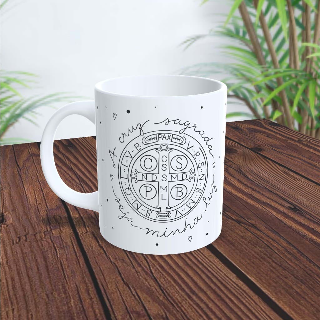 Caneca de Cerâmica Oração medalha de São Bento. Presente Católico religioso devoto.