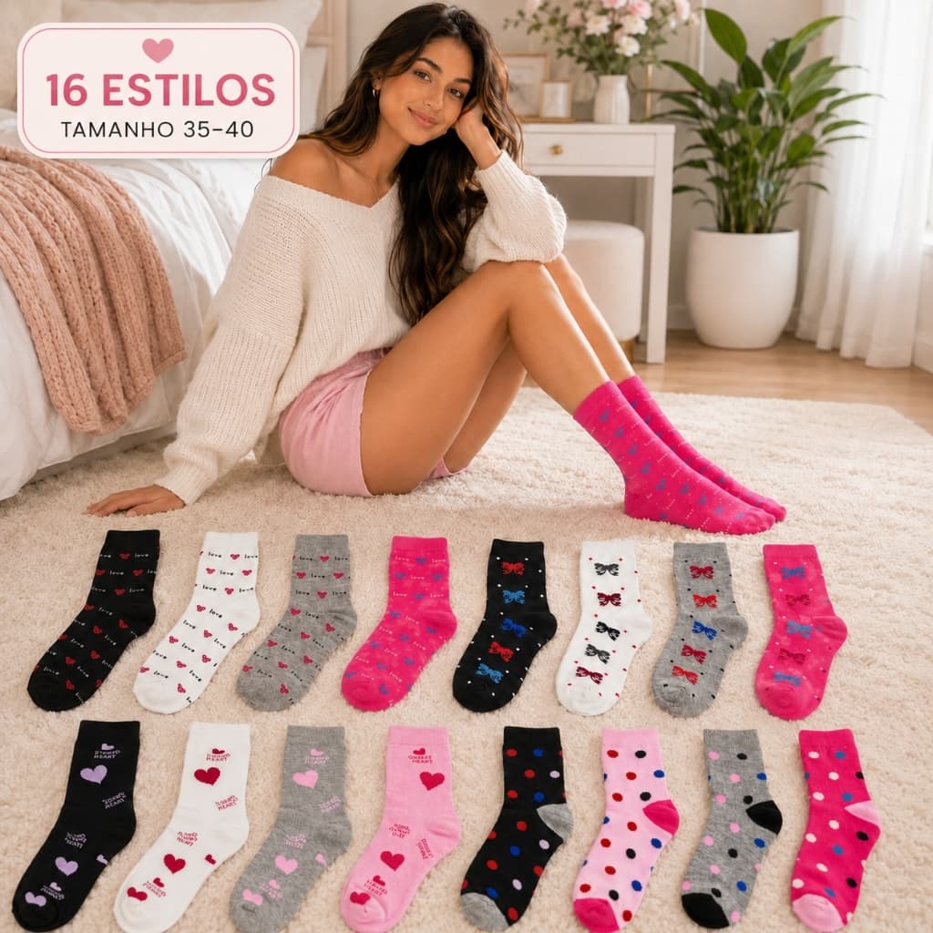 Kit 6 Pares Meia Feminina Cano Médio Estampada Sortida Fofa