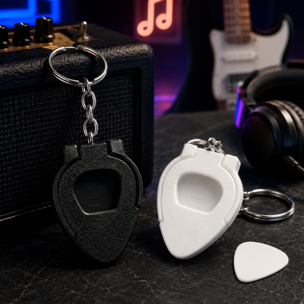 Porta Palheta Chaveiro para Violão e Guitarra com Palheta Branca e Preta | Compacto em Plástico Resistente