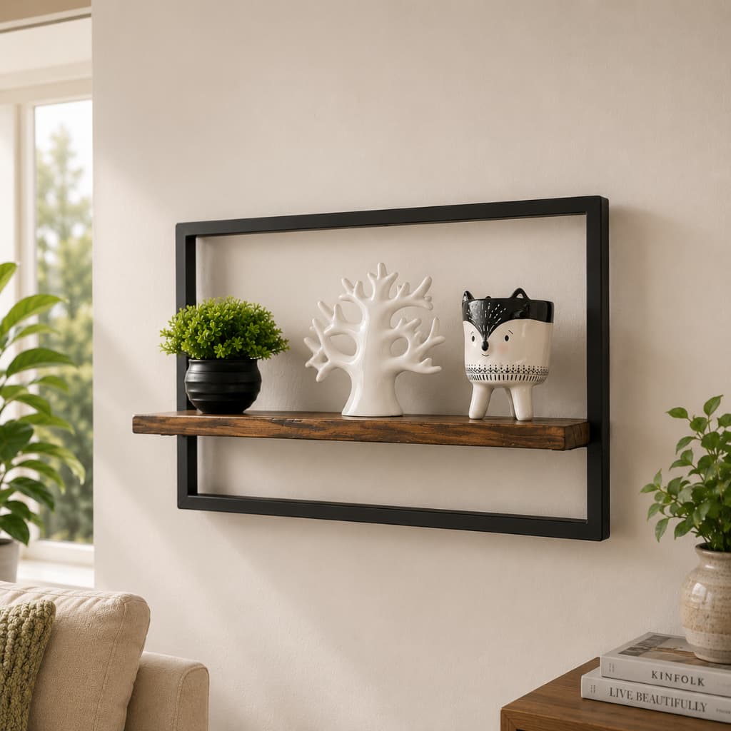 Nicho decorativo quadrado design industrial de metal com 1 madeira