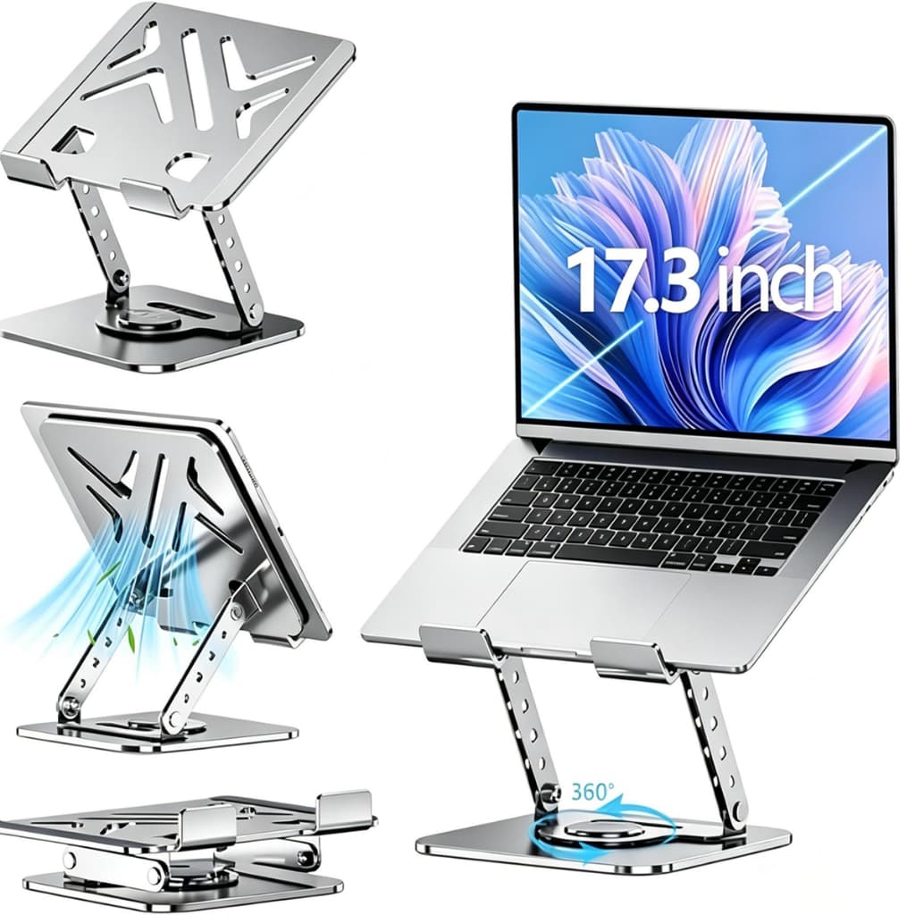 Suporte para Notebook Ajustável 360°, Base em Alumínio Dobrável, Regulagem de Altura, Compatível com Notebook e Tablet