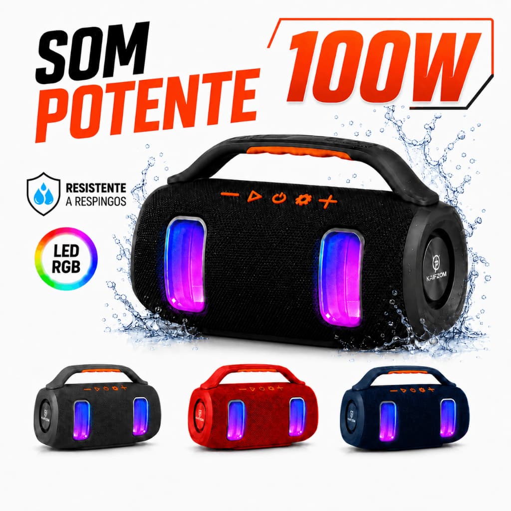 Caixa de Som Bluetooth Portátil 100W com LED RGB, Som Potente, TWS, USB, FM e Resistente a Respingos