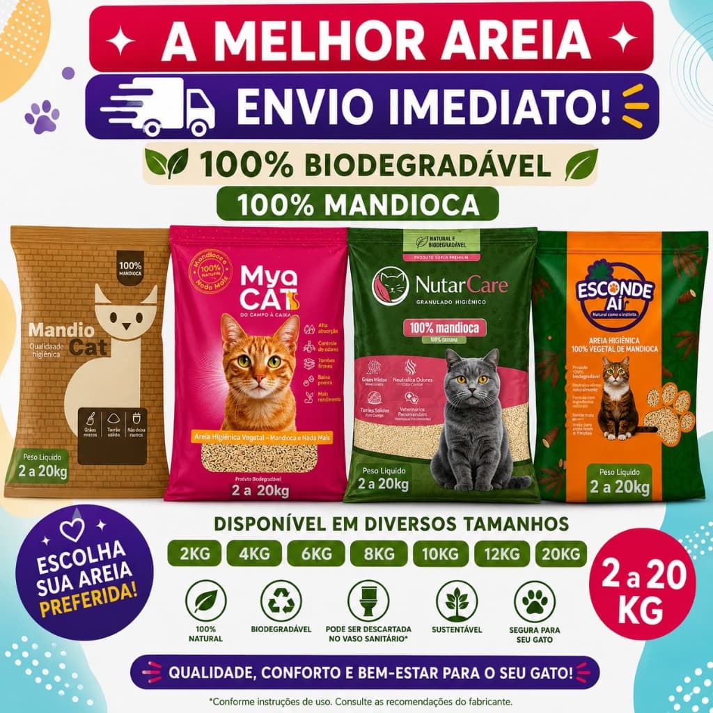 Areia De Gato MandioCat Biodegradável Grãos Finos -Areia de Mandioca Areia Higiênica 100% Natural e Biodegradavel