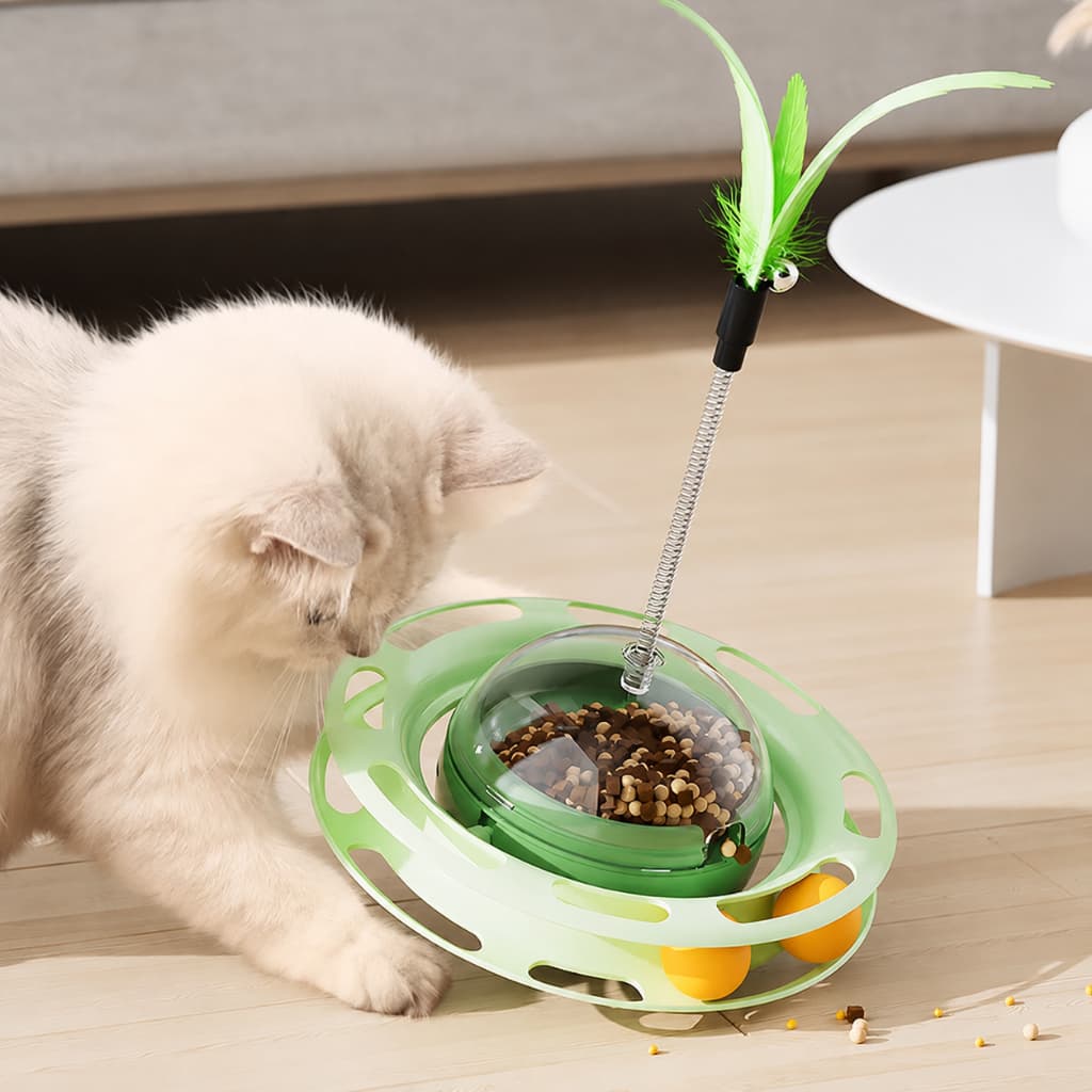 Brinquedo Interativo 4 em 1 para Gatos - Varinha, Dispenser de Petiscos, Disco Giratório e Bolinhas