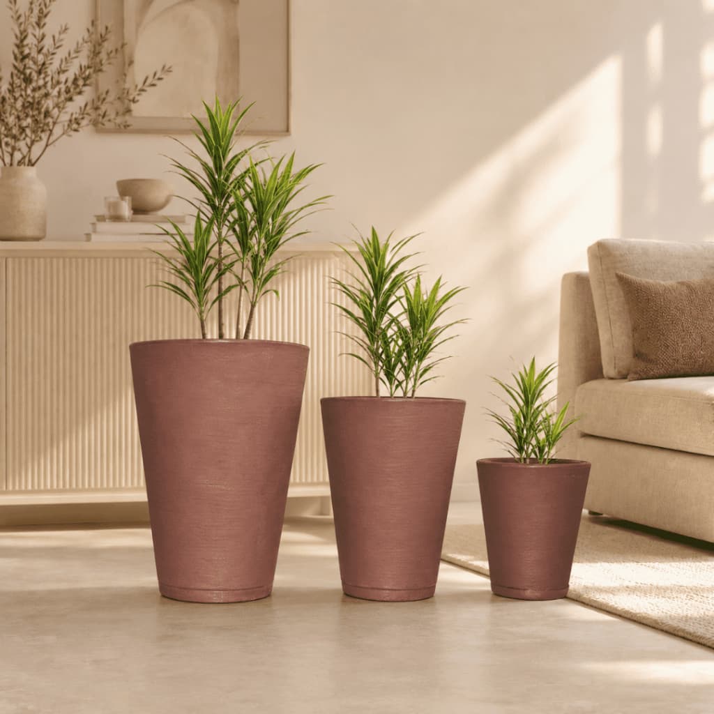 Kit Jogo 3 Vasos Texturizados N°1,2,3 Planta Flor Jardim Varanda Com Pratos Em Polietileno