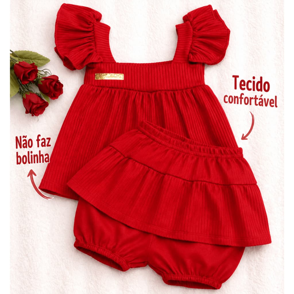 Conjunto Bebê Menina Vermelho Canelado Bata com Manga Babado e Short Saia Moderno e Confortável