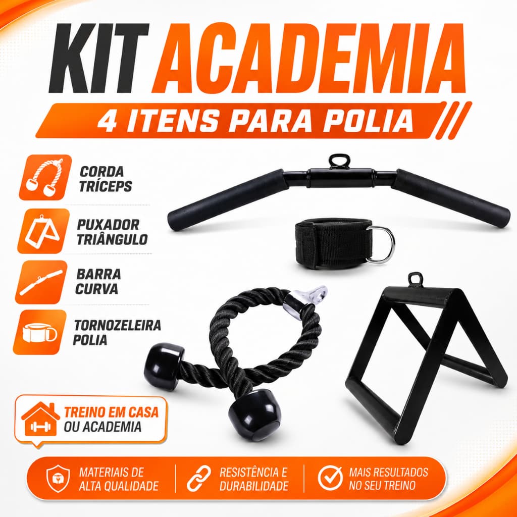 Kit Puxadores Corda Tríceps Barra Curva Tornozeleira Polia Glúteos Triângulo Remada Cavalinho Treino