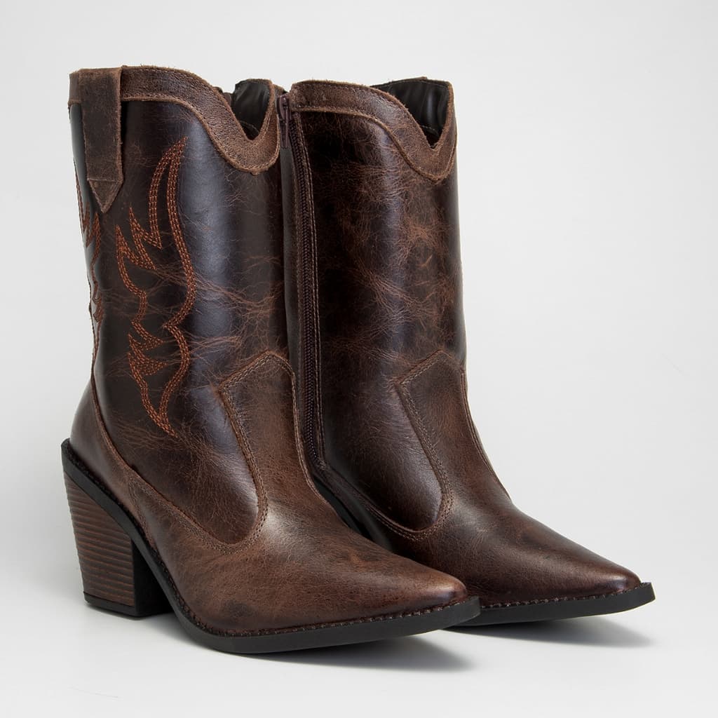 Bota Country Feminina Western Texana Em Couro Legítimo Envelhecido Cano Médio Bico Fino Estilo Conforto