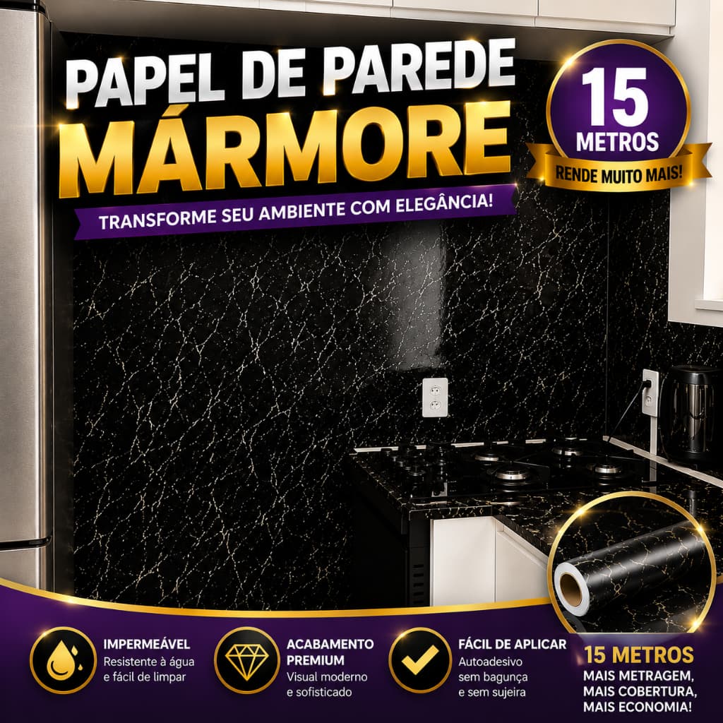 Papel Adesivo Parede 5, 10 ou 15m Marmore Preto Sofisticado Sala Impermeável Quarto Lavável Cozinha