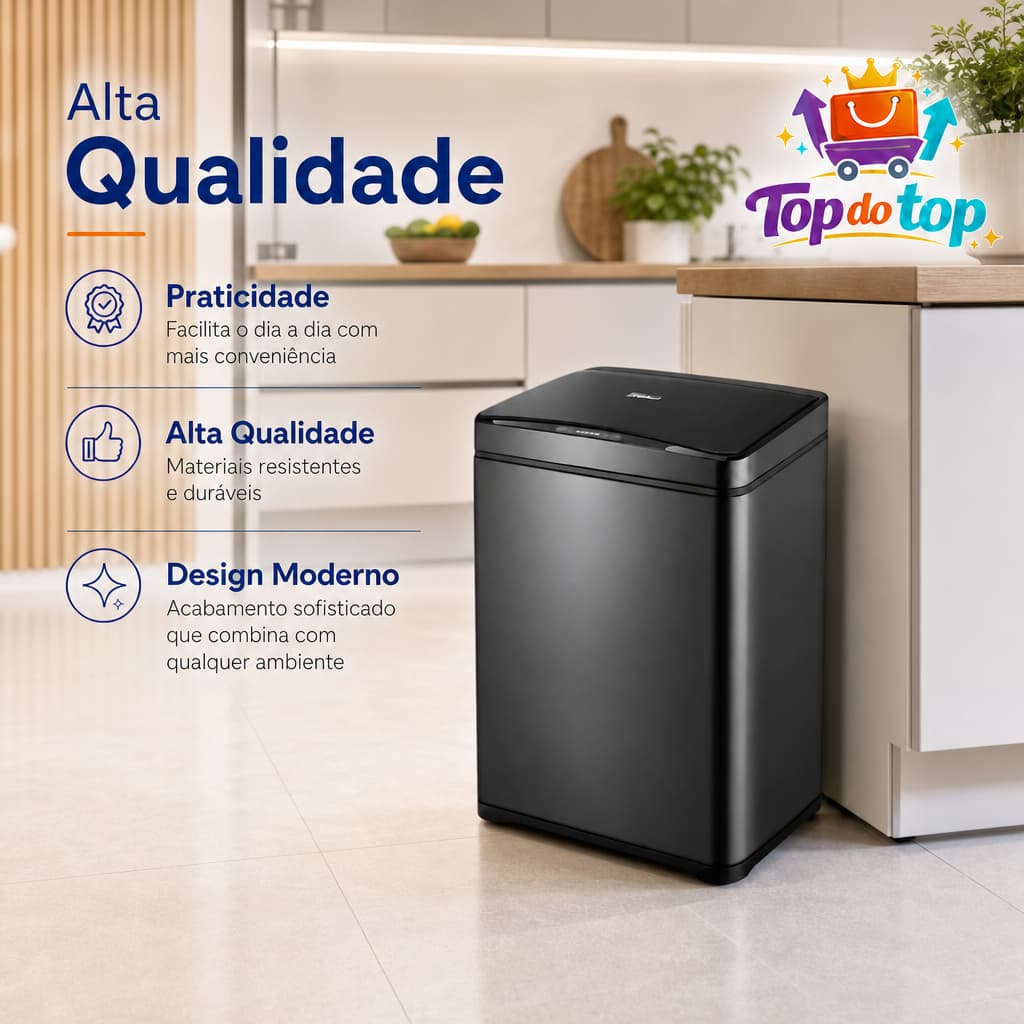 Lixeira Automática Retangular 40 Litros com Sensor - Aço Inox Preta Branca, Tampa sem Toque