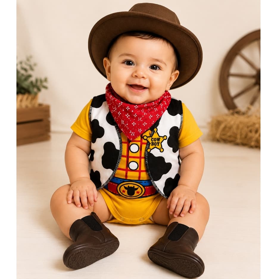 Kit Cowboy Wood Bebê Body Fantasia Chapeu & Bota & Lenço & Colete Country Mesversário Completo