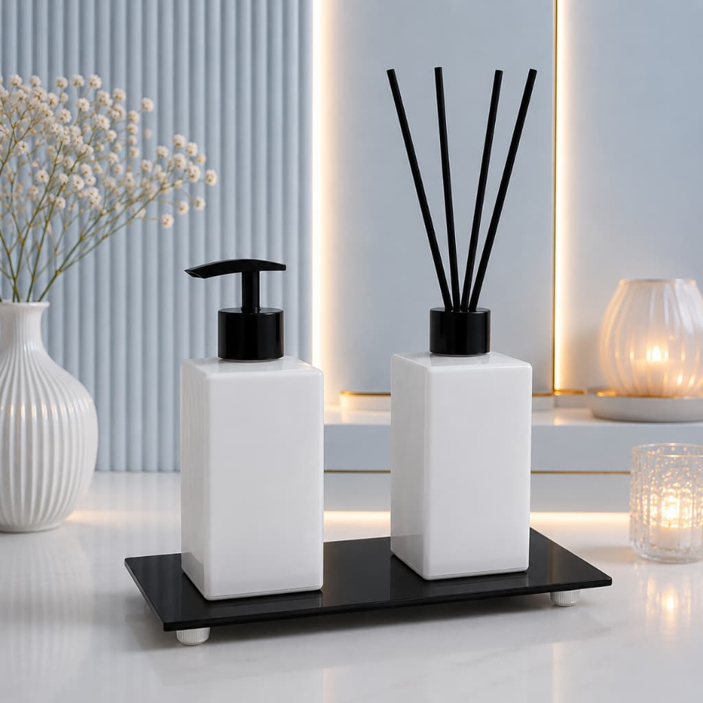 Difusor e Porta Sabonete Líquido Válvula Elegance - Kit Lavabo Para Banheiro e Escritório